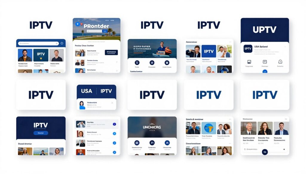 Collage of top IPTV service providers logos and interfaces for USA market