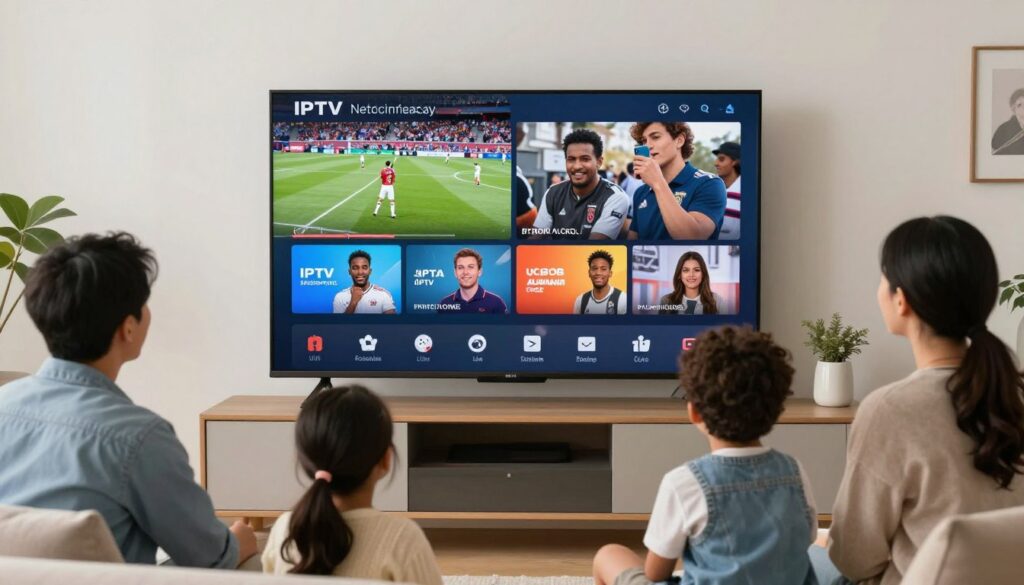 Family enjoying IPTV subscription content on large screen TV with sports and entertainment channels, usa iptv subscription