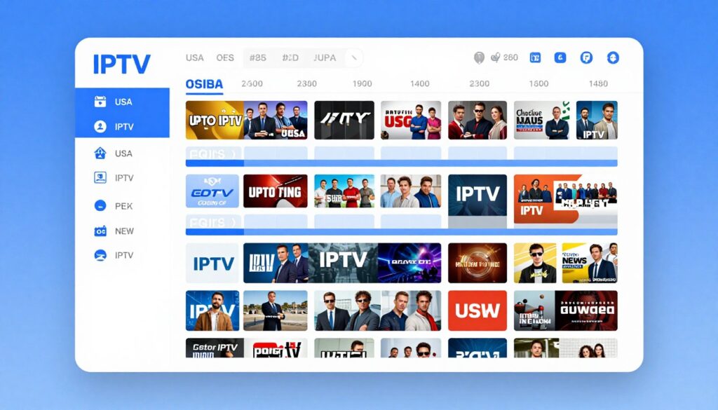 IPTV app interface showing electronic program guide and channel lineup features