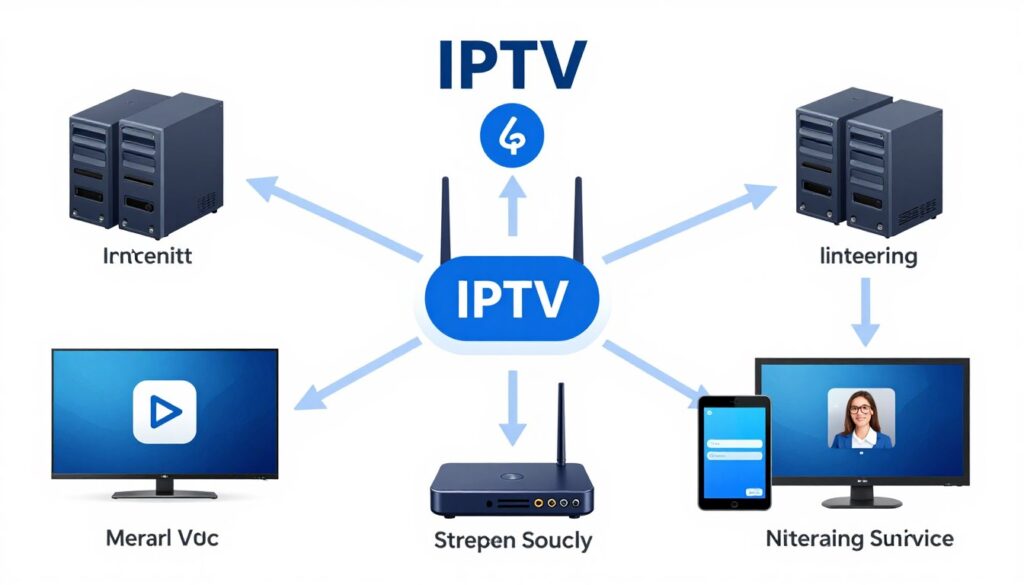 Technical diagram showing how IPTV service works through internet connection to deliver content