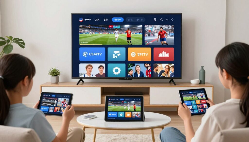 USA IPTV subscription service streaming on multiple devices including smart TV, tablet and smartphone