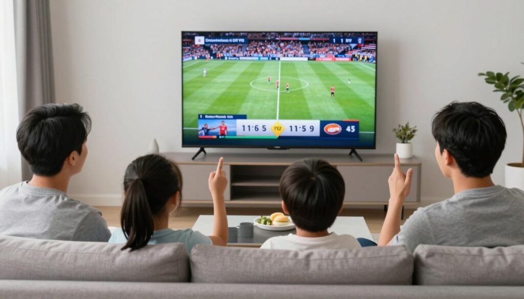 happy family watching stable iptv together on large screen television happy family watching stable iptv together on large screen television