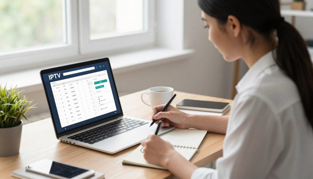 person researching iptv services on laptop with comparison notes person researching iptv services on laptop with comparison notes